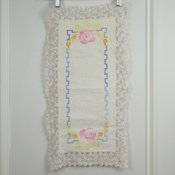 Cross Stitch Shelf Dresser Centerpiece Scarf Rectangle Floral Hand Embroidery - Picture 2 of 10